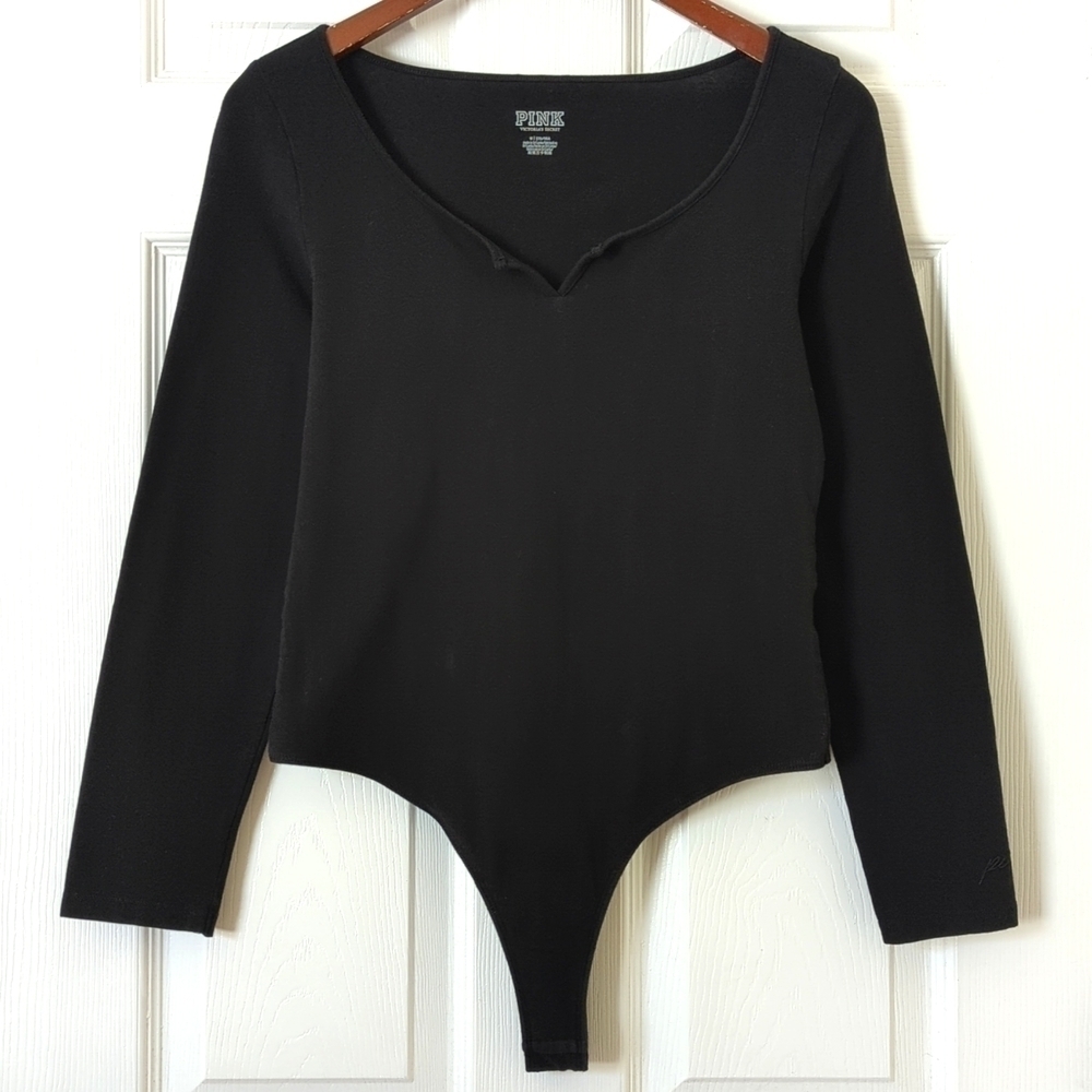 PINK Victoria's Secret Form Fitting Long Sleeve Pull On Thong Bodysuit Black M